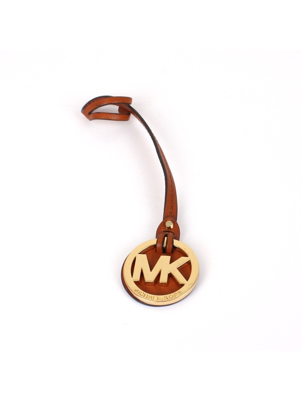 Michael Kors Gold MK Circle Logo Bag Charm Brown Leather Strap Fob